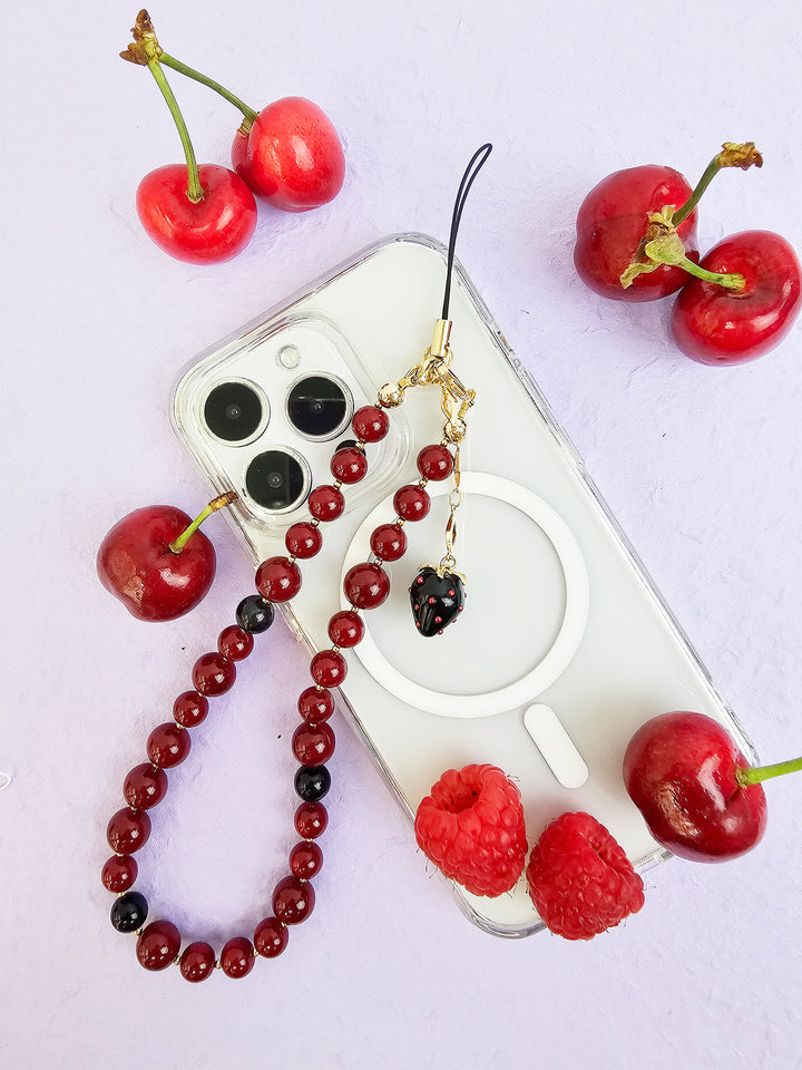Red Beads With Black Strawberry Charm Phone Strap PC070