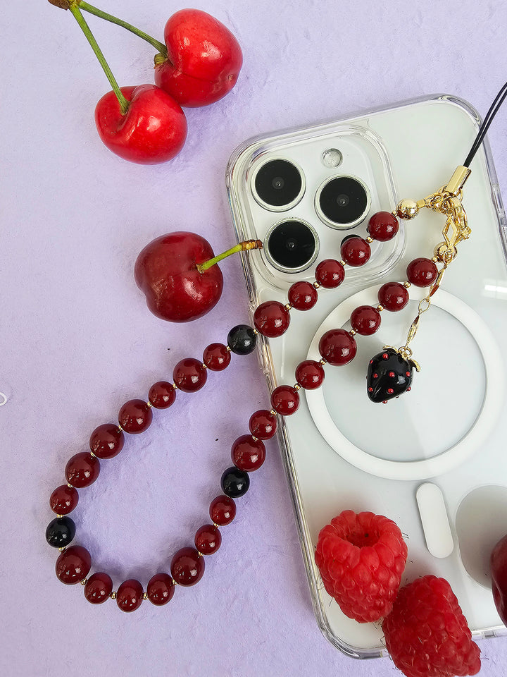 Red Beads With Black Strawberry Charm Phone Strap PC070