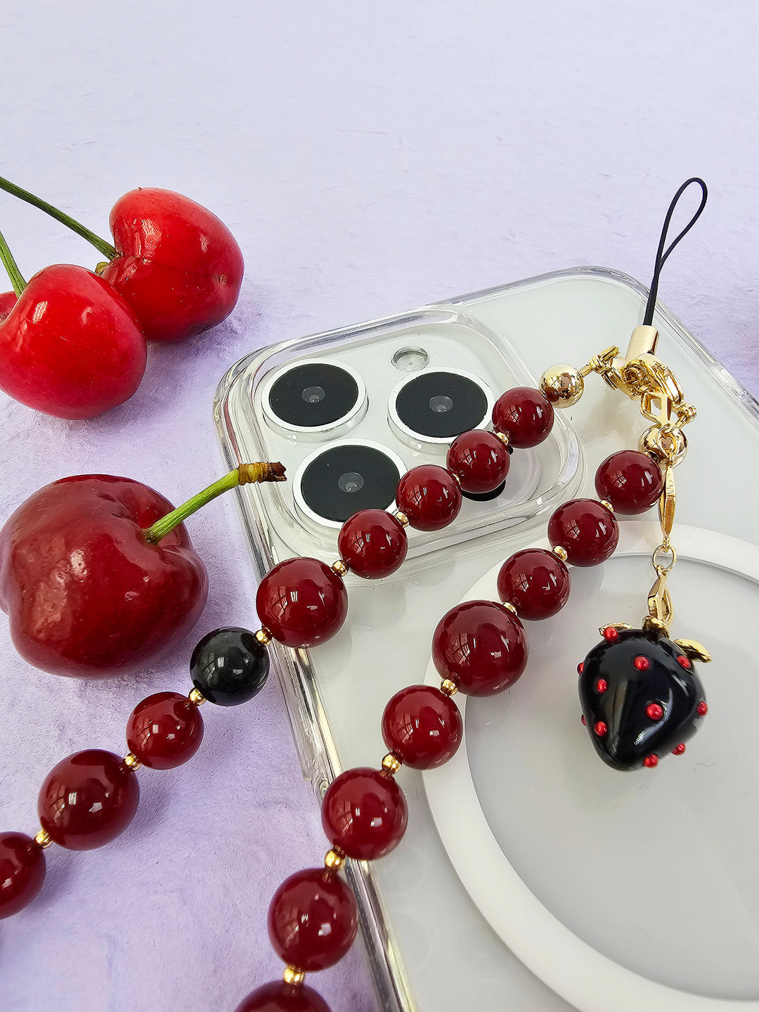 Red Beads With Black Strawberry Charm Phone Strap PC070