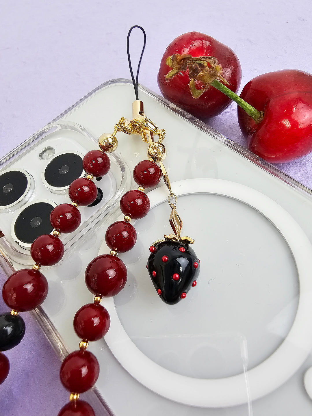 Red Beads With Black Strawberry Charm Phone Strap PC070