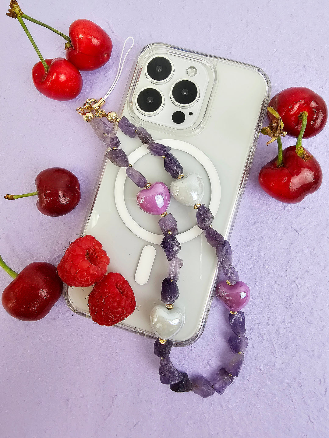 Irregular Amethyst With Hearts Gemstone Phone Strap PC059
