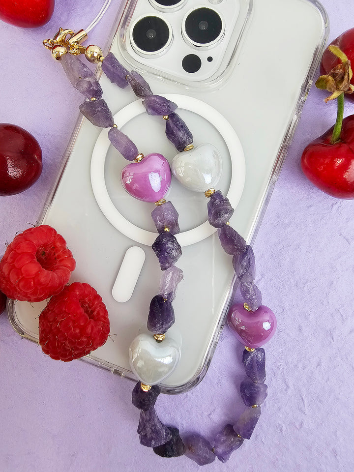 Irregular Amethyst With Hearts Gemstone Phone Strap PC059