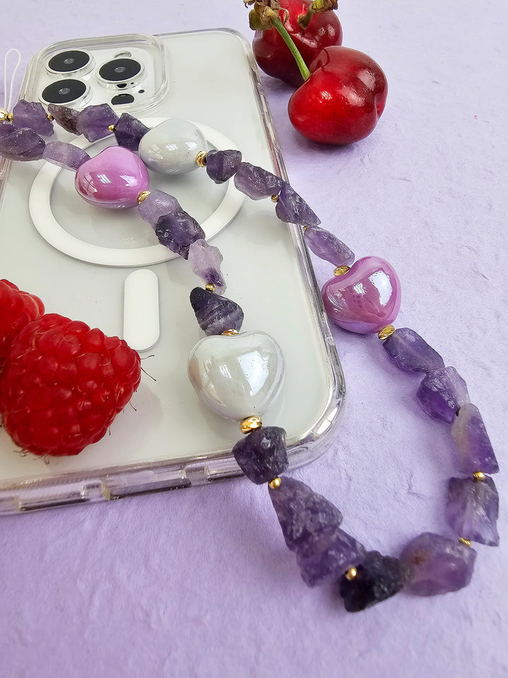Irregular Amethyst With Hearts Gemstone Phone Strap PC059