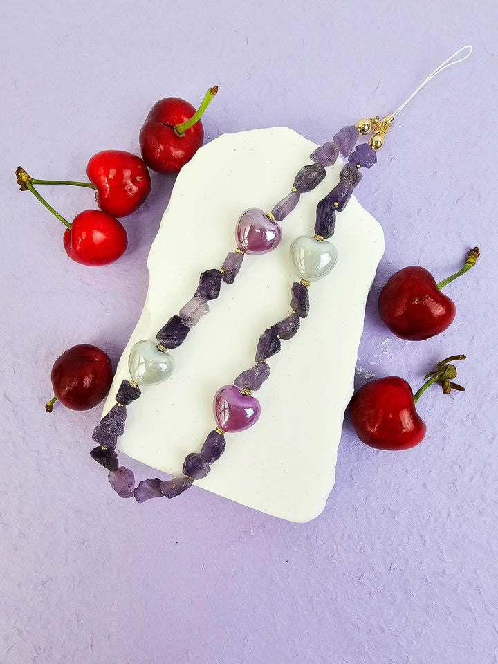 Irregular Amethyst With Hearts Gemstone Phone Strap PC059