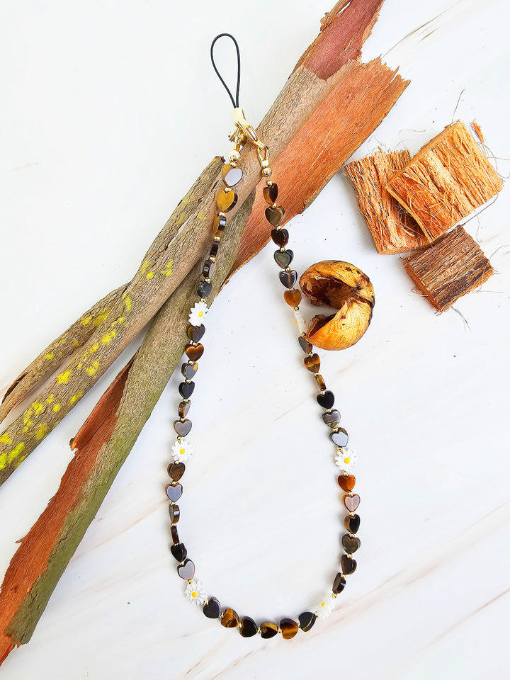 Heart Shaped Tiger-eye With Flower Shell Phone Strap PC072
