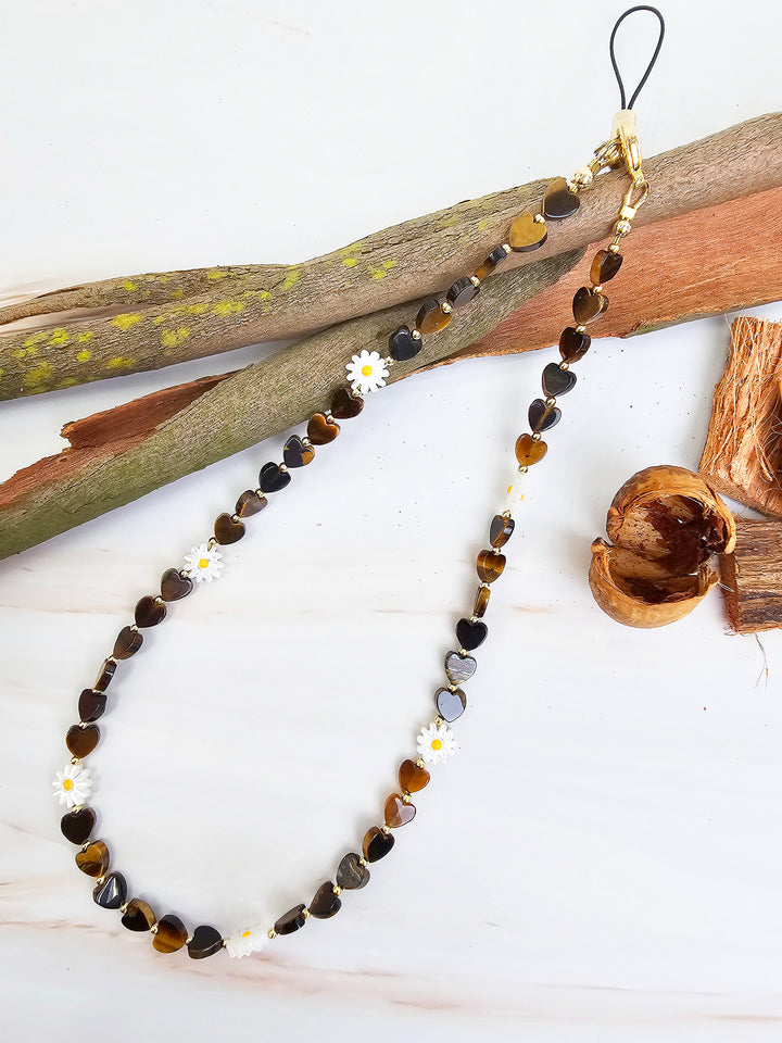 Heart Shaped Tiger-eye With Flower Shell Phone Strap PC072