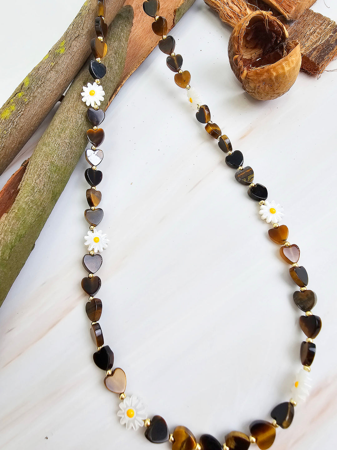 Heart Shaped Tiger-eye With Flower Shell Phone Strap PC072