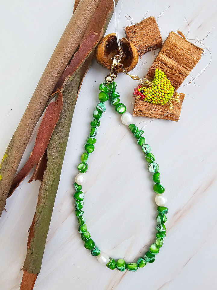 Green Shell With Beaded Chicken Phone Strap PC065