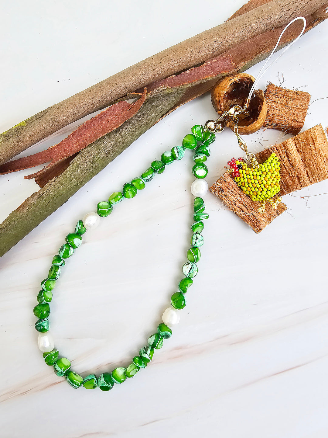 Green Shell With Beaded Chicken Phone Strap PC065