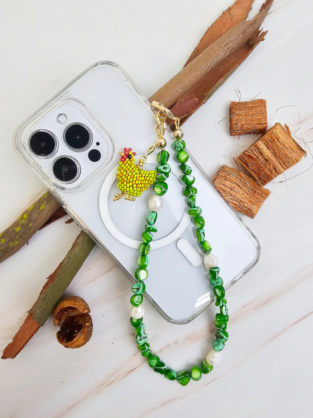 Green Shell With Beaded Chicken Phone Strap PC065