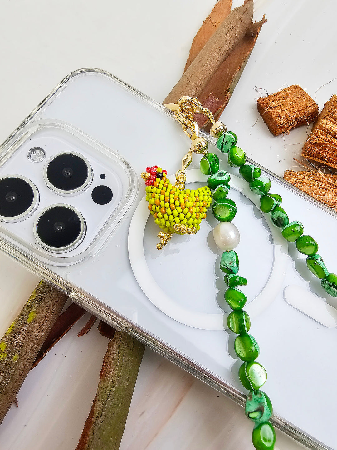 Green Shell With Beaded Chicken Phone Strap PC065