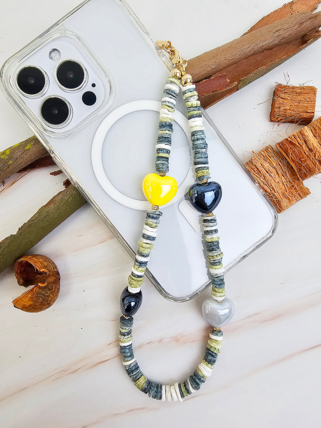 Black Shell With Ceramic Hearts Artistic Phone Strap PC058