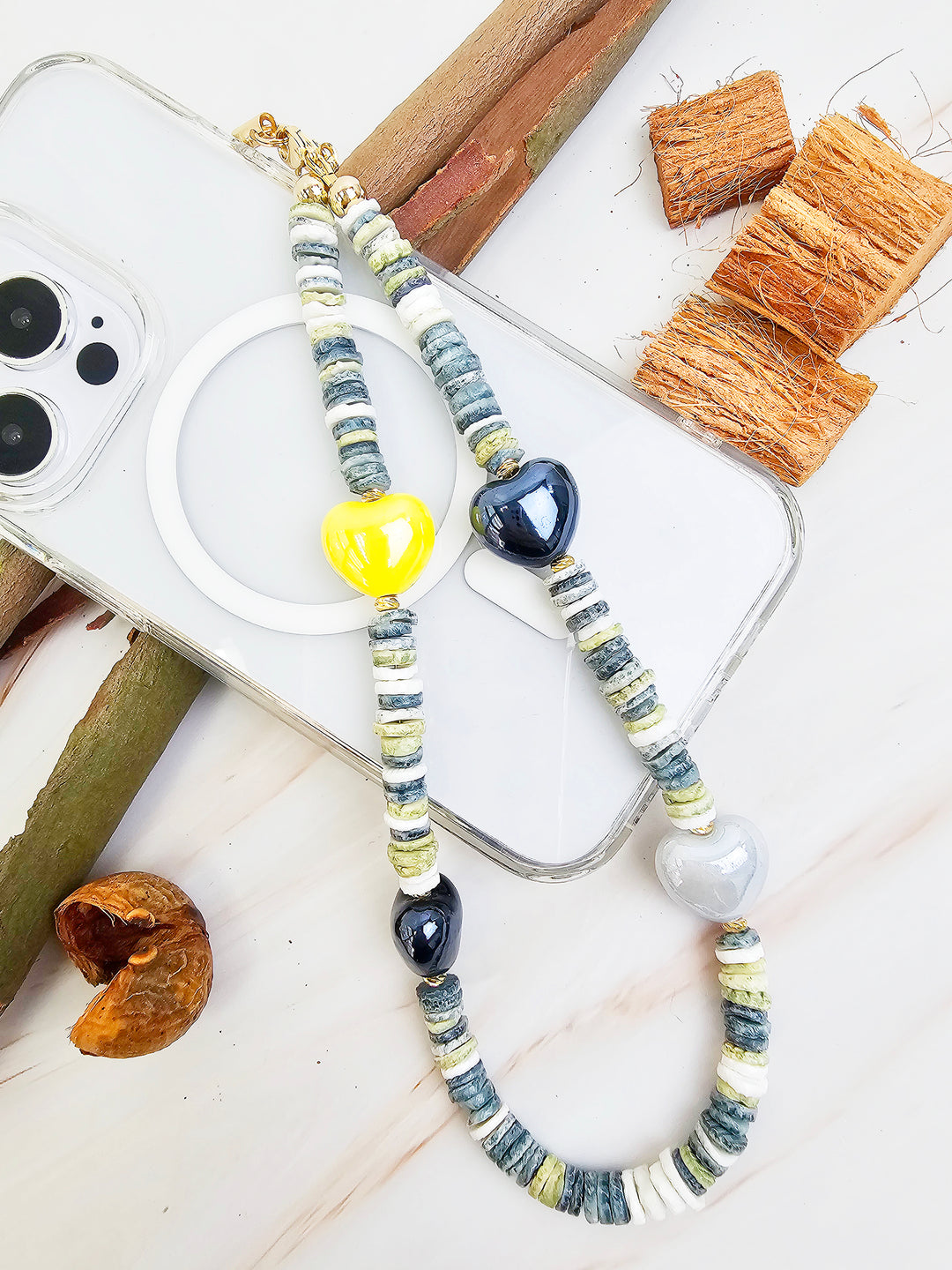 Black Shell With Ceramic Hearts Artistic Phone Strap PC058
