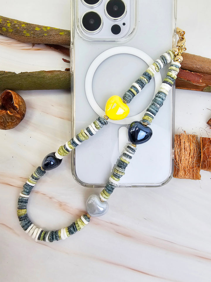 Black Shell With Ceramic Hearts Artistic Phone Strap PC058