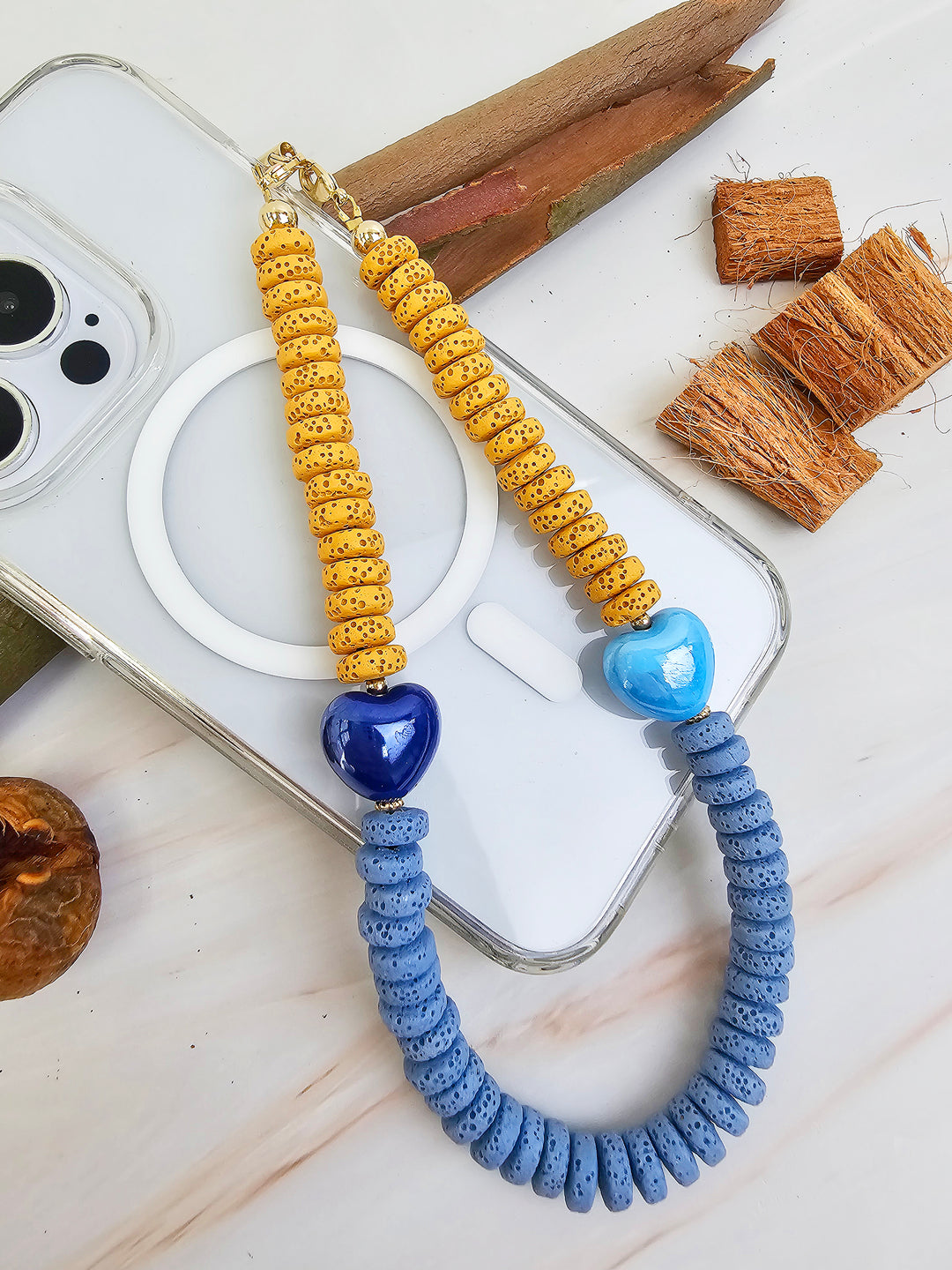 Yellow And Blue Lava Stone With Ceramic Hearts Phone Strap PC060