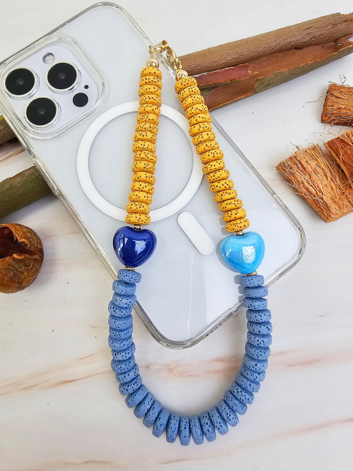 Yellow And Blue Lava Stone With Ceramic Hearts Phone Strap PC060