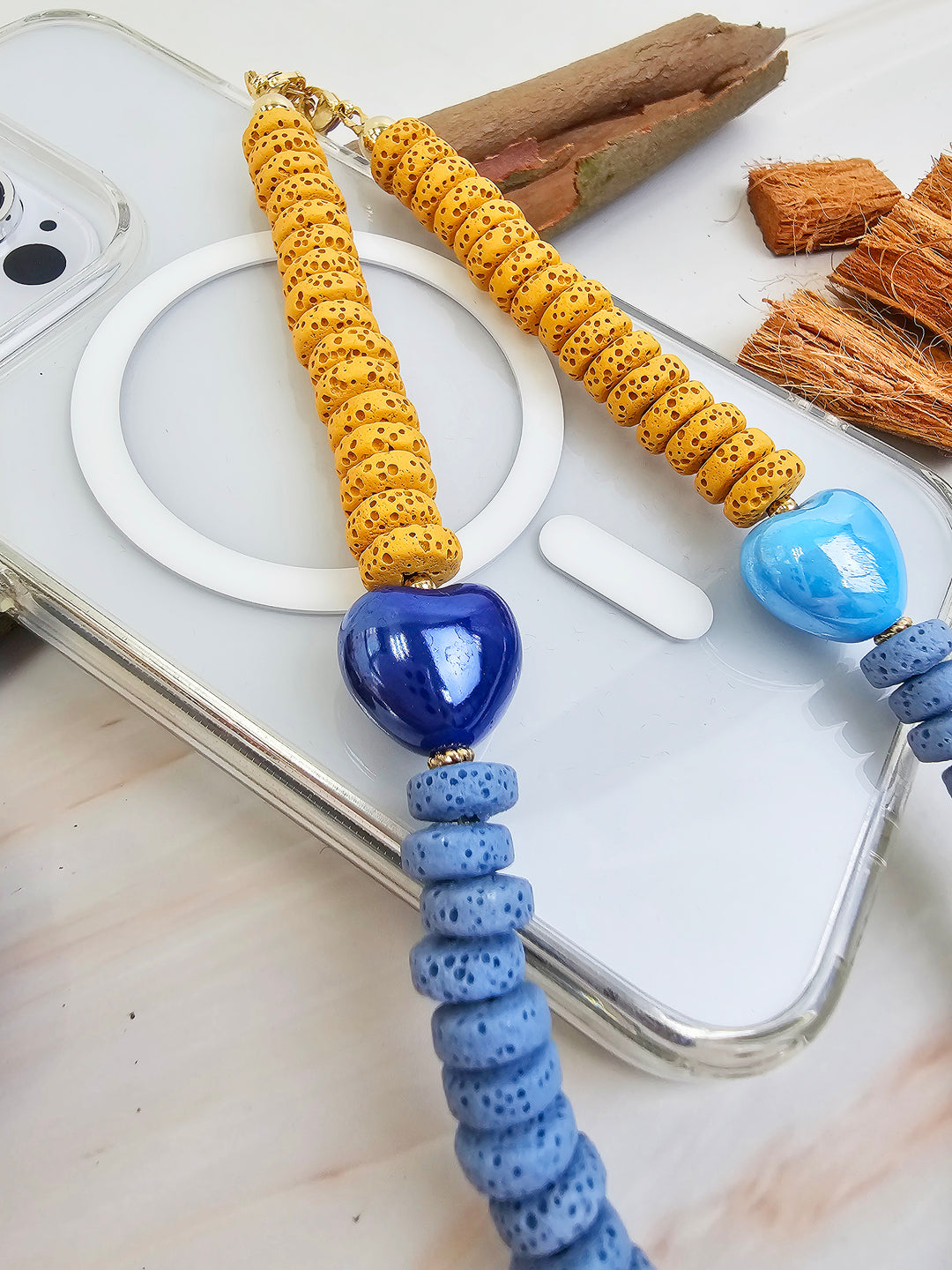 Yellow And Blue Lava Stone With Ceramic Hearts Phone Strap PC060