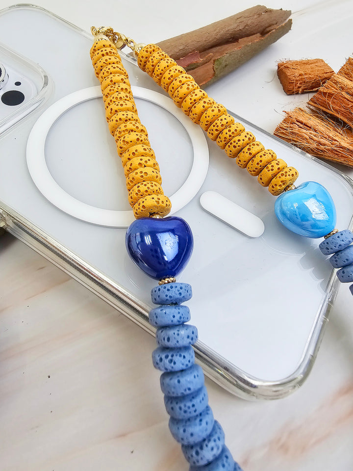 Yellow And Blue Lava Stone With Ceramic Hearts Phone Strap PC060
