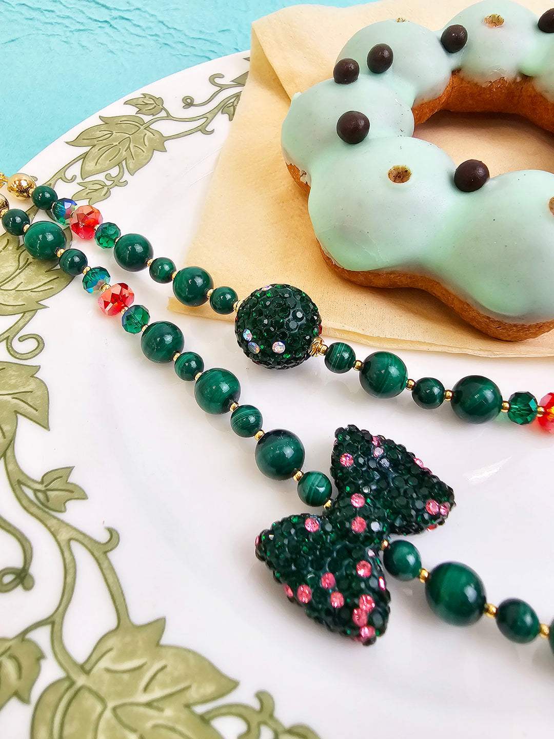Malachite With Rhinestone Butterfly Knot Phone Strap PC068