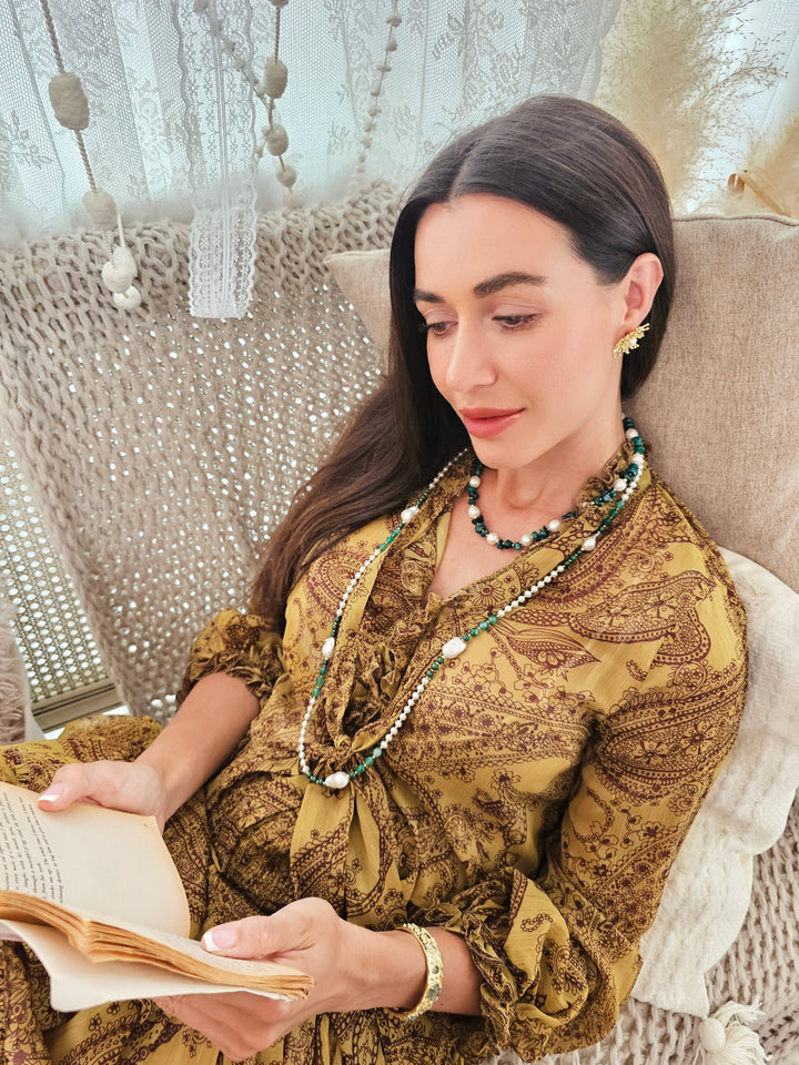 Irregular Green Bamboo Coral with Freshwater Pearls Necklace QN016