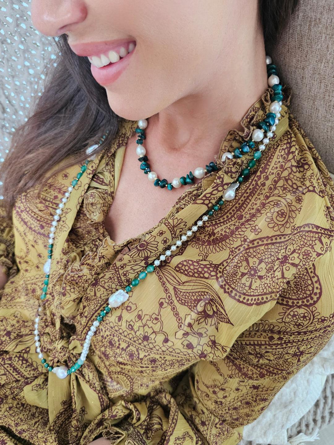 Irregular Green Bamboo Coral with Freshwater Pearls Necklace QN016