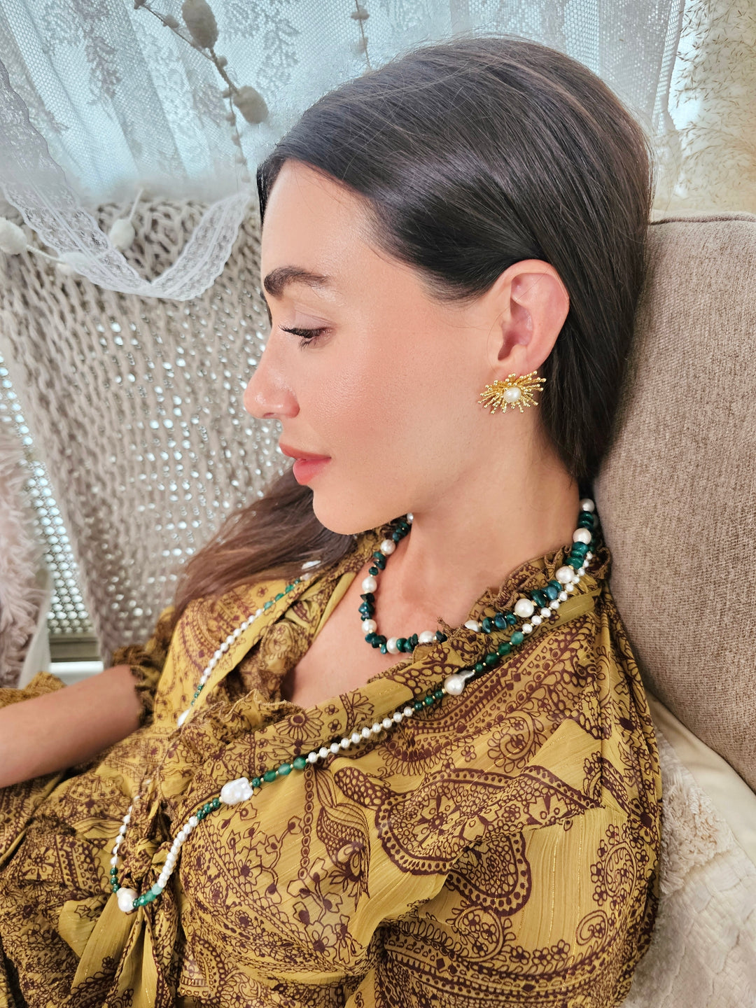 Irregular Green Bamboo Coral with Freshwater Pearls Necklace QN016