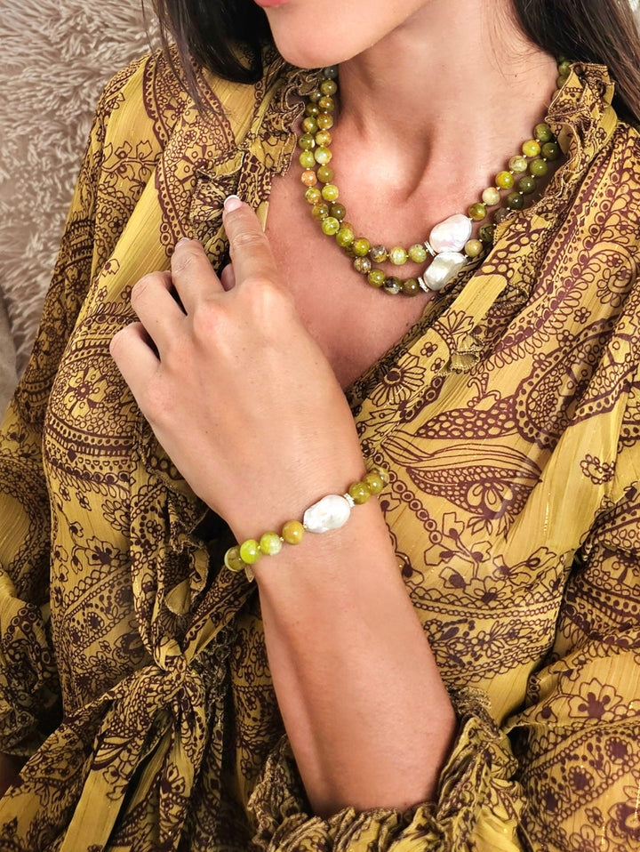 Green Opal With Baroque Pearl Bracelet QB005