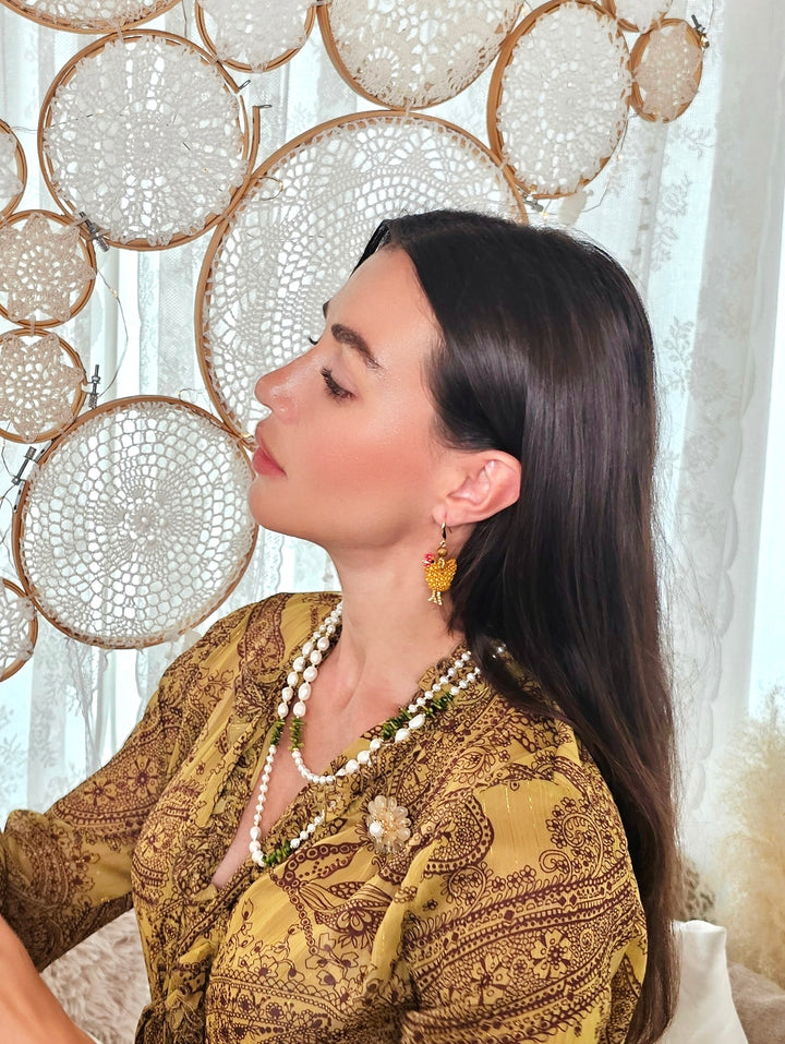 Green Bamboo Coral with Freshwater Pearls Long Necklace QN013