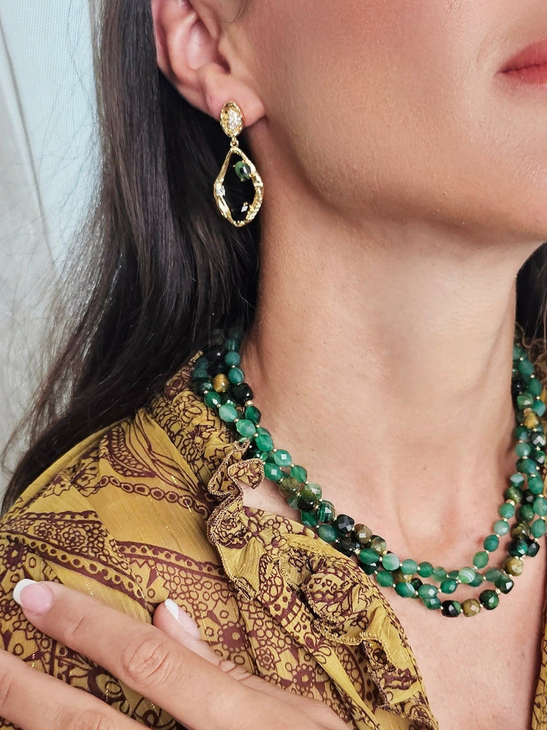 Elegant Green Epidote and Black Agate Drop Earrings QE012