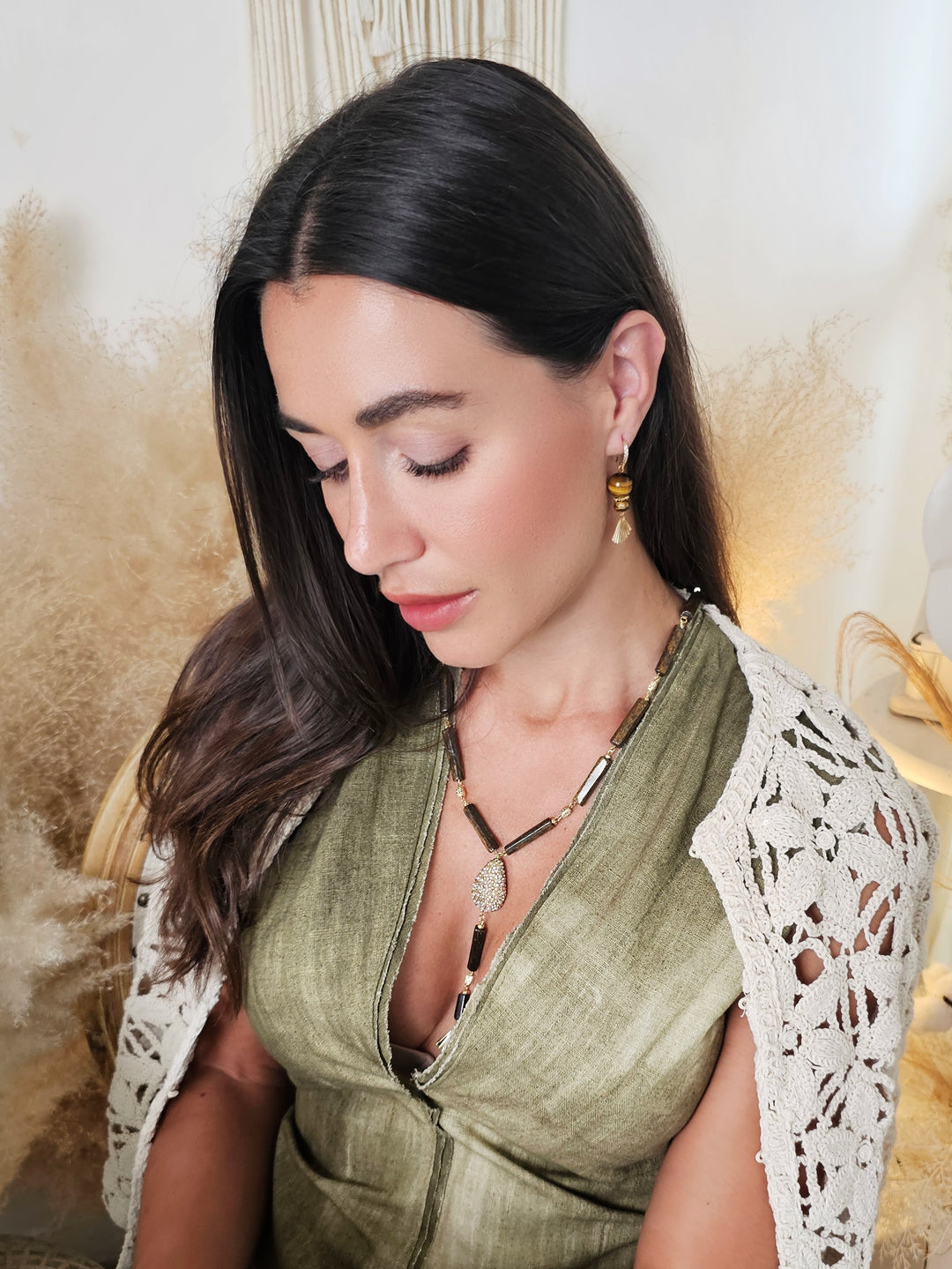 Y Shaped Tiger-eye Stone With Rhinestone Tassel Necklace QN008