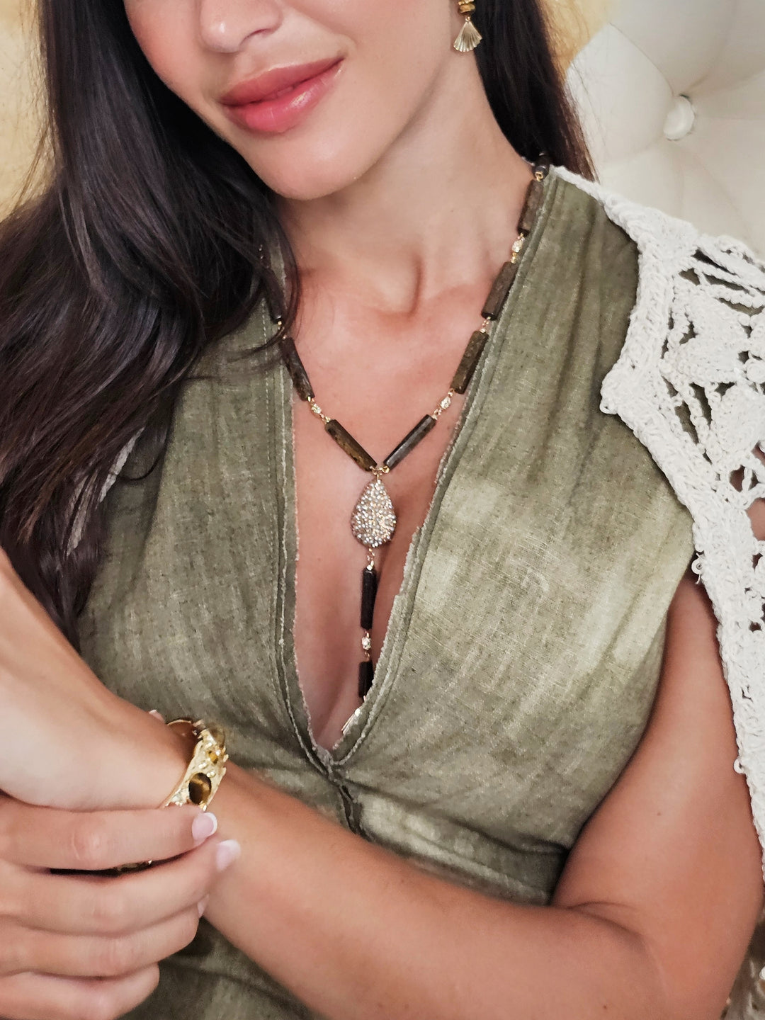 Y Shaped Tiger-eye Stone With Rhinestone Tassel Necklace QN008