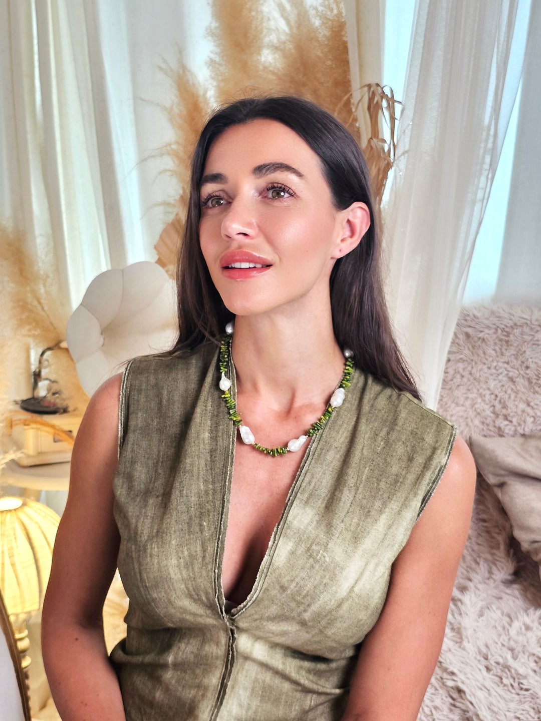 Green Bamboo Coral with Baroque Pearls Necklace QN011
