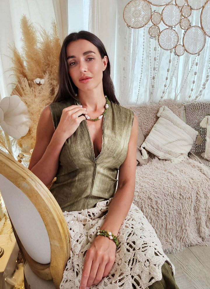Green Bamboo Coral with Baroque Pearls Necklace QN011
