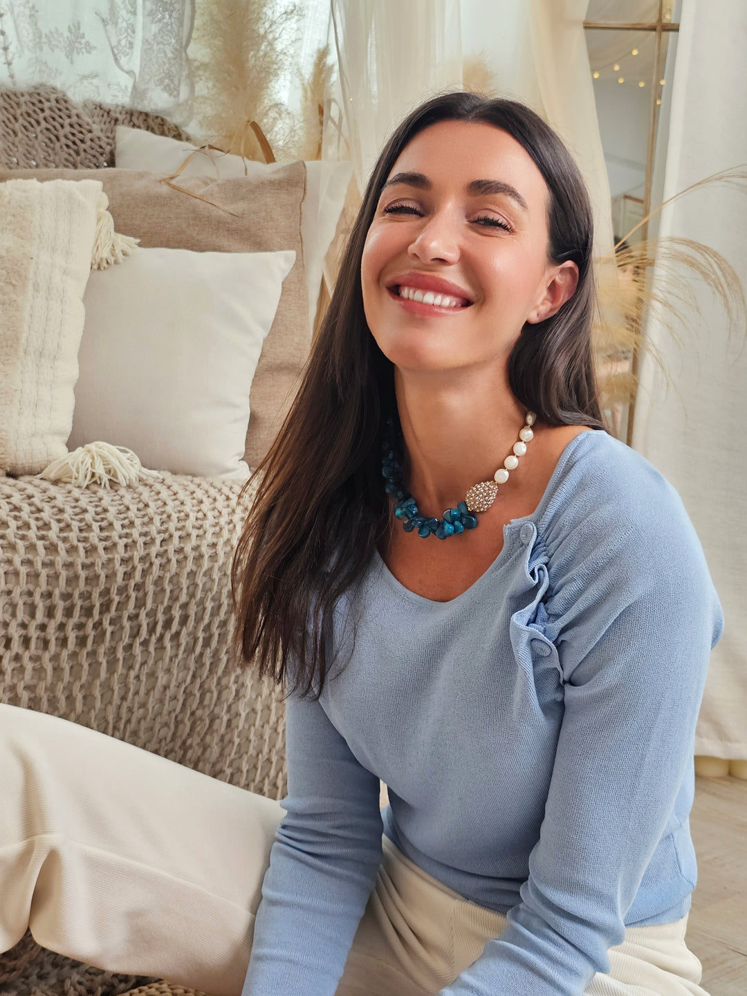 Freshwater Pearls & Floral Blue Bamboo Coral Necklace QN029