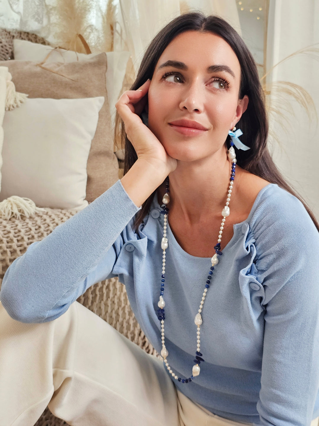 Baroque Pearls with Blue Lapis Long Necklace QN030