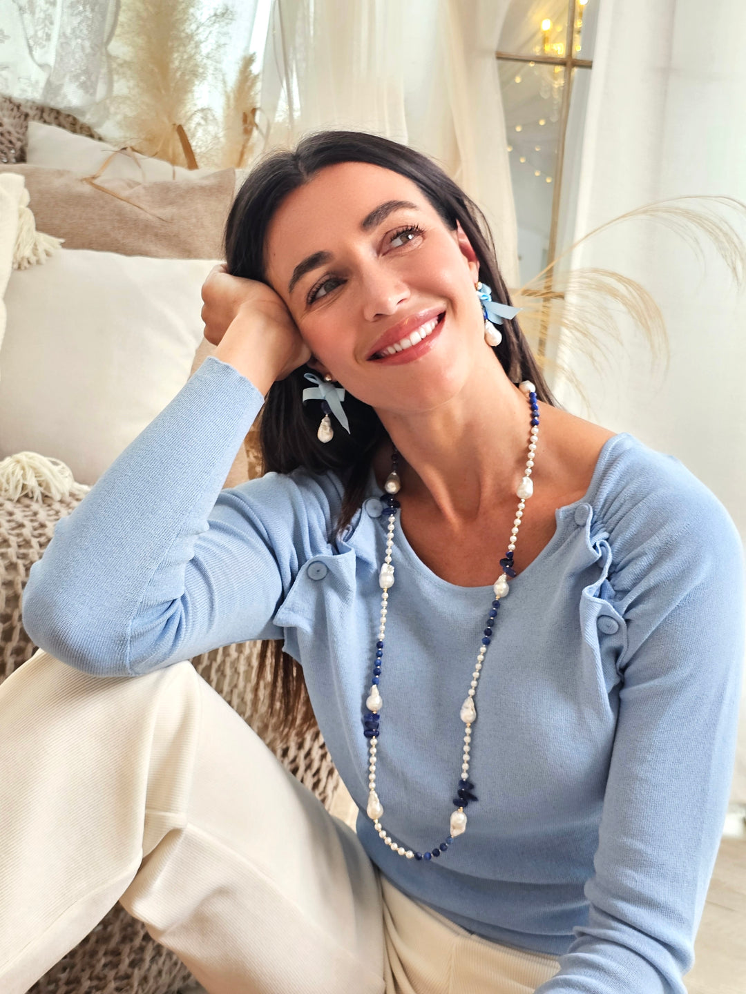 Baroque Pearls with Blue Lapis Long Necklace QN030