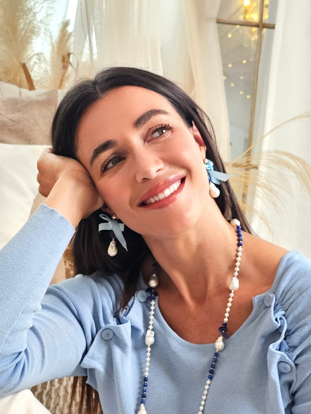 Baroque Pearl With Blue Silk Bowknot Earrings QE018