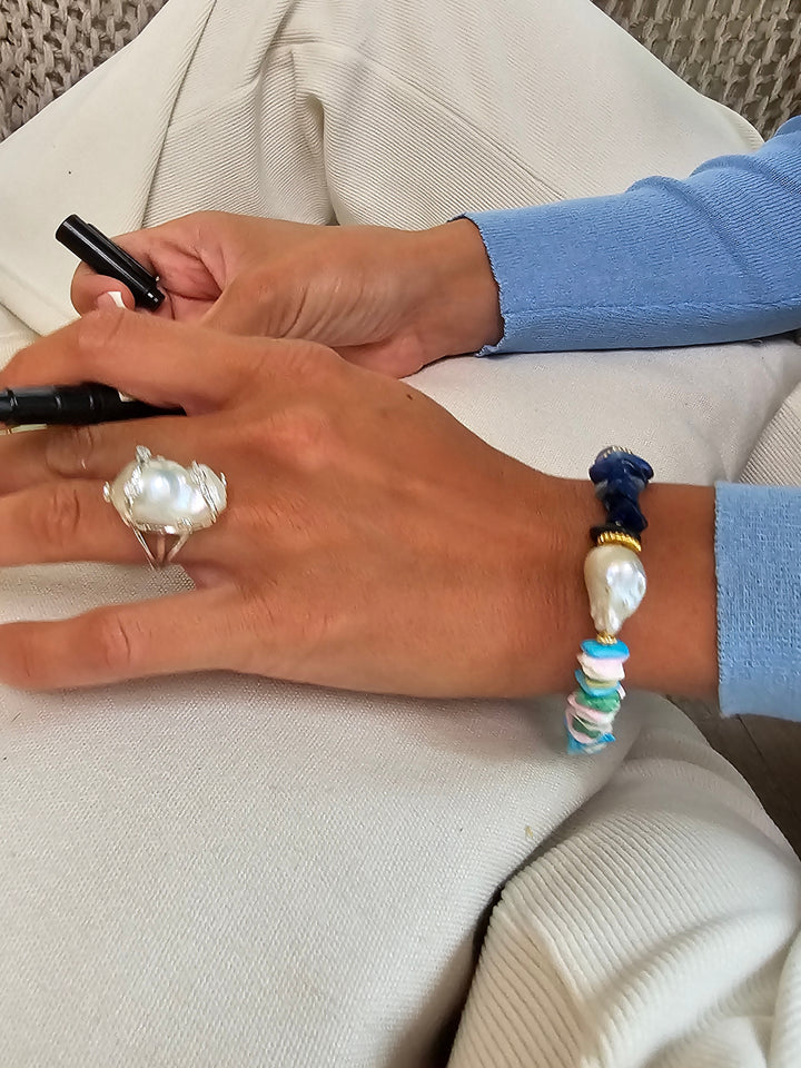 Lapis and Colorful Shell with Baroque Pearl Bracelet QB014