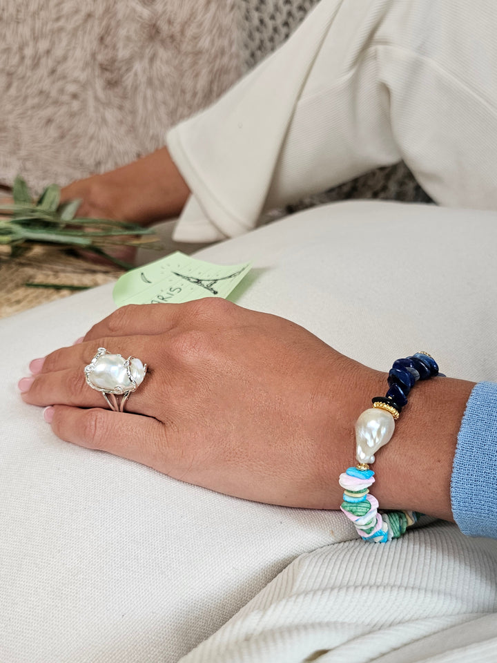 Lapis and Colorful Shell with Baroque Pearl Bracelet QB014