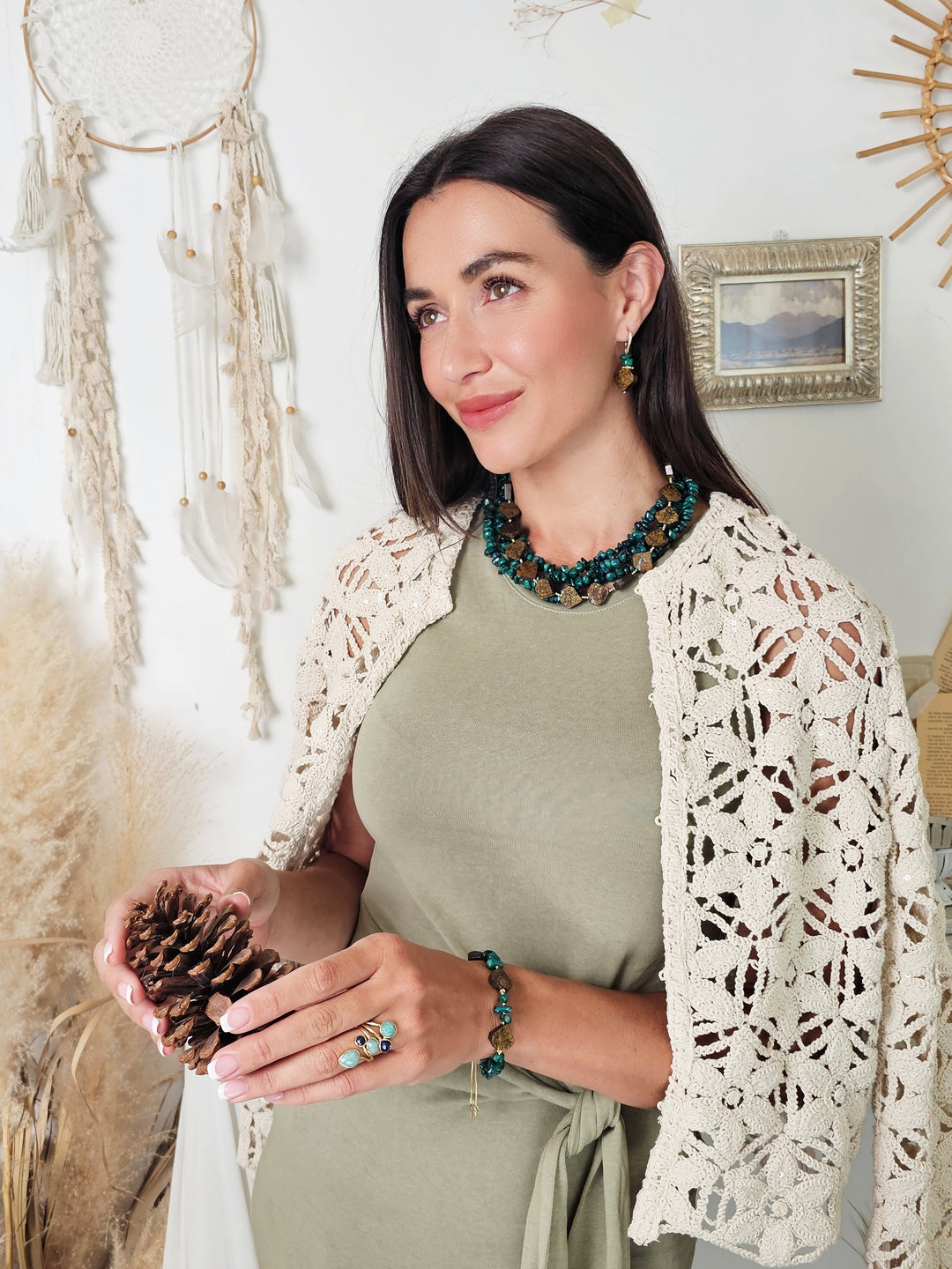 Green Bamboo Coral With Tiger-eye Stone Multi-layers Necklace QN014