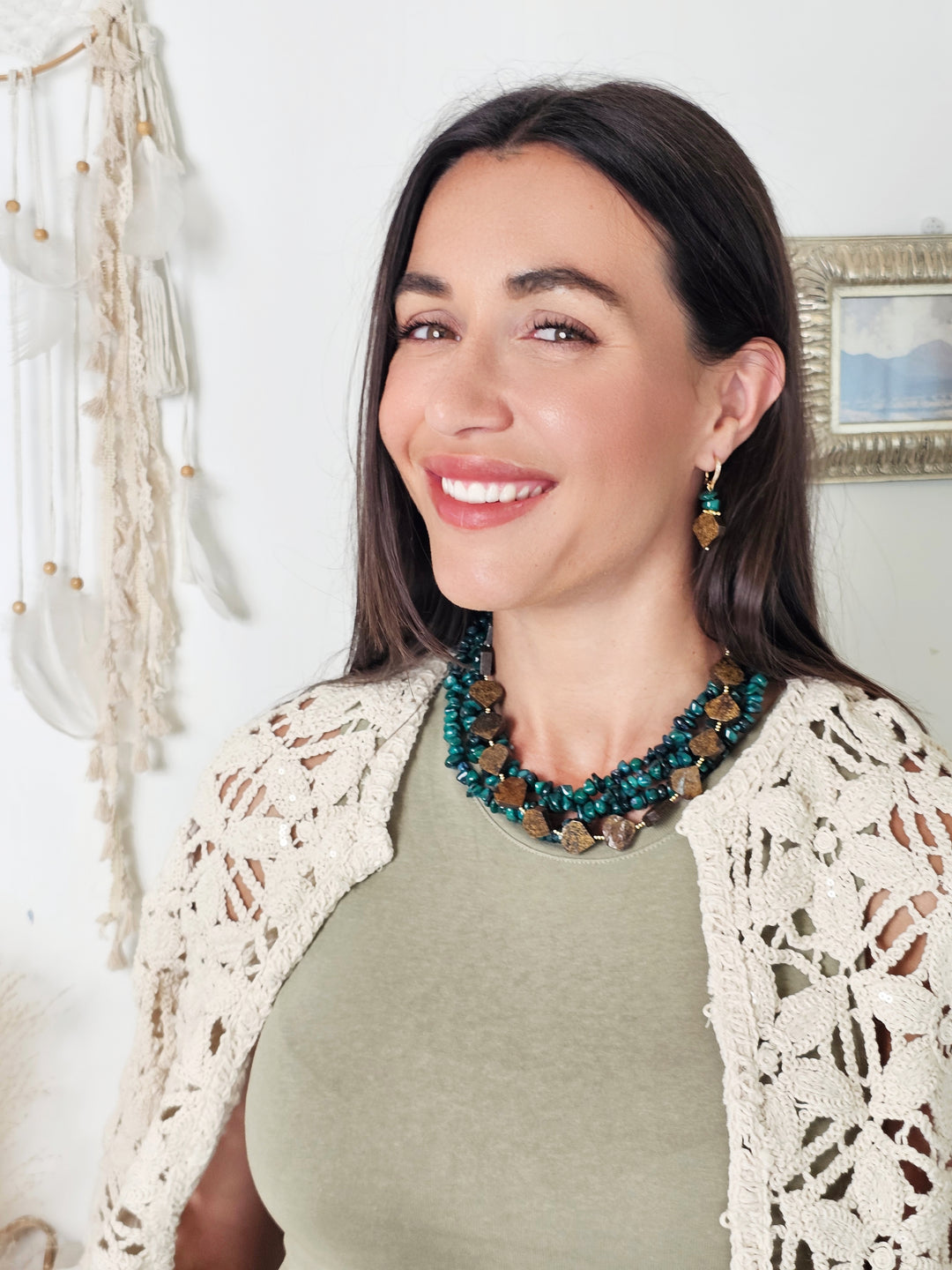 Green Bamboo Coral With Tiger-eye Stone Multi-layers Necklace QN014