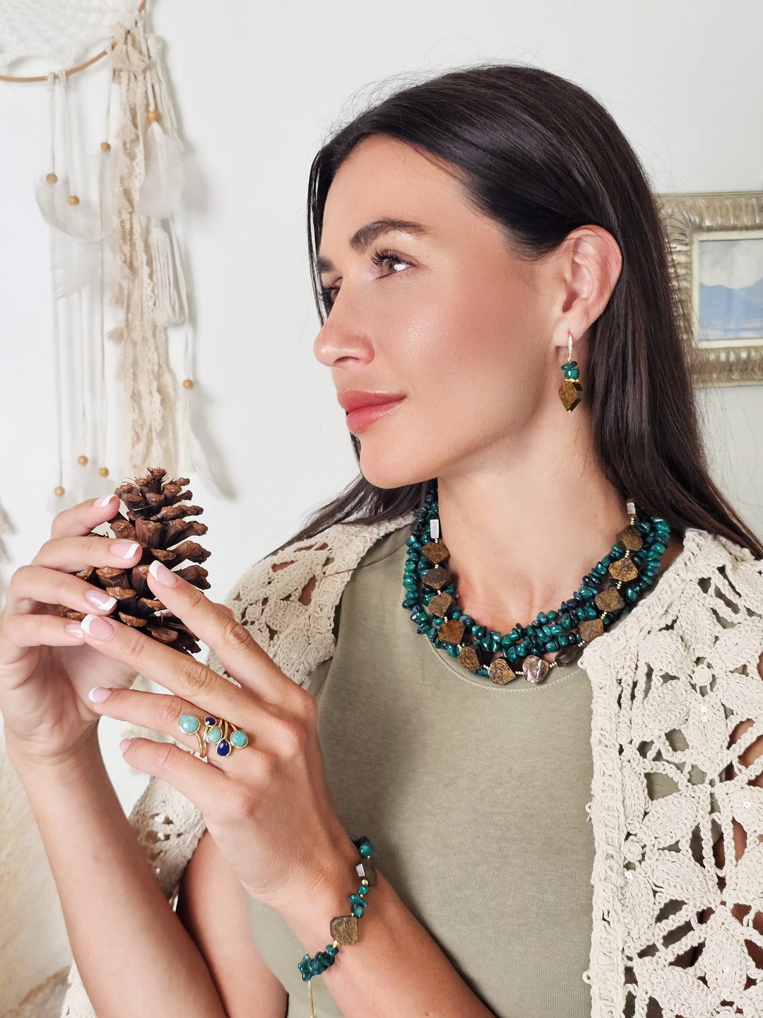 Green Bamboo Coral With Tiger-eye Stone Multi-layers Necklace QN014