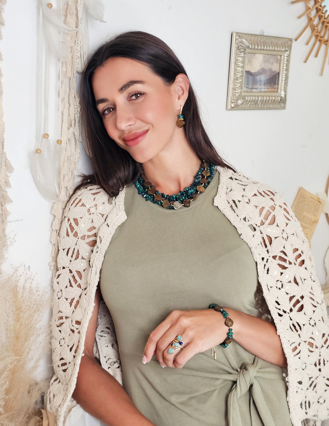 Green Bamboo Coral With Tiger-eye Stone Multi-layers Necklace QN014