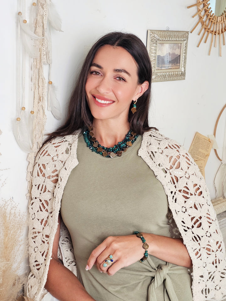 Green Bamboo Coral With Tiger-eye Stone Multi-layers Necklace QN014