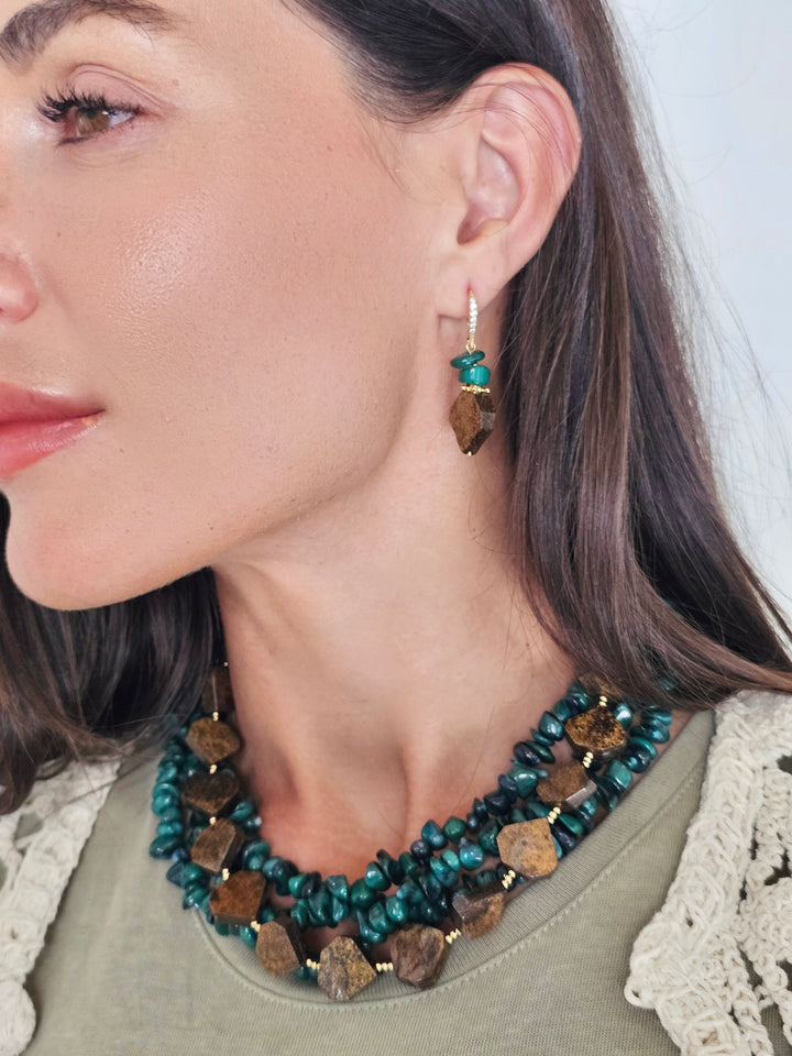 Brown Tiger-eye With Green Bamboo Coral Earrings QE010