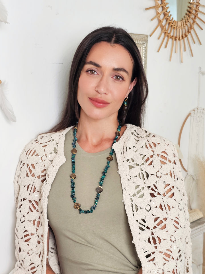 Green Bamboo Coral With Tiger-eye Stone Long Necklace QN015