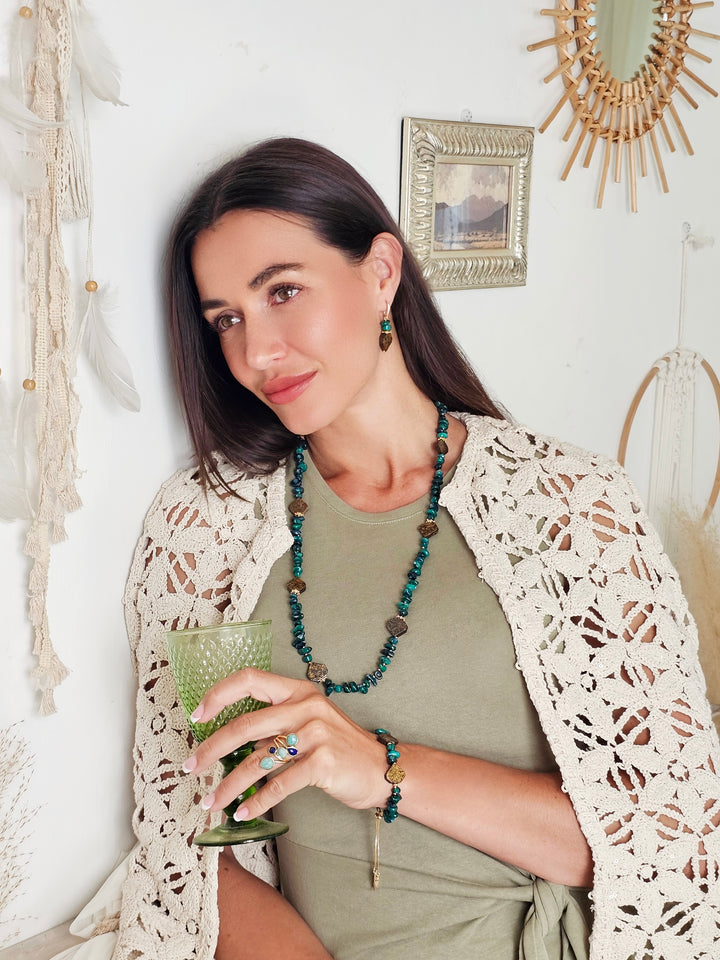 Green Bamboo Coral With Tiger-eye Stone Long Necklace QN015