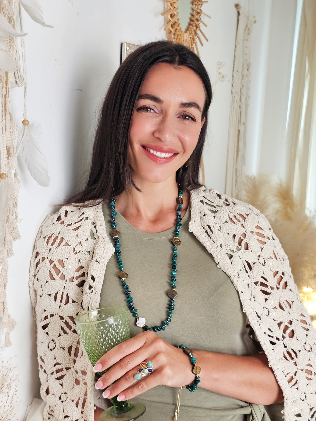 Green Bamboo Coral With Tiger-eye Stone Long Necklace QN015