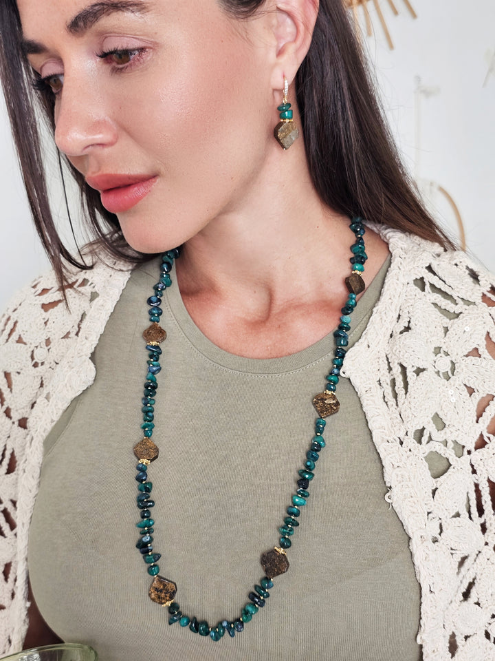 Green Bamboo Coral With Tiger-eye Stone Long Necklace QN015