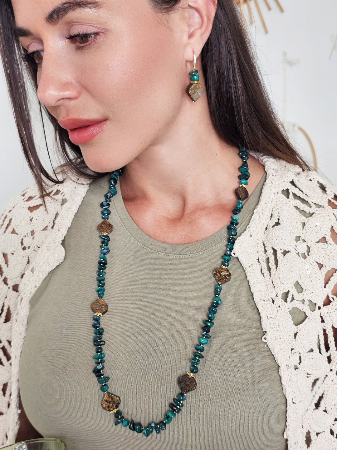 Brown Tiger-eye With Green Bamboo Coral Earrings QE010